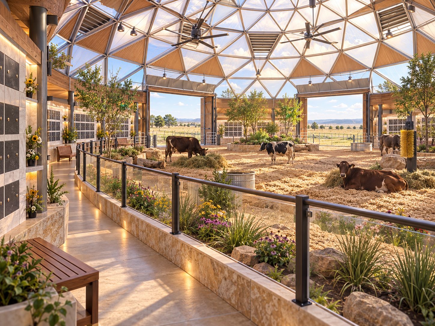Concept rendering of a daylight-filled indoor cow sanctuary interior